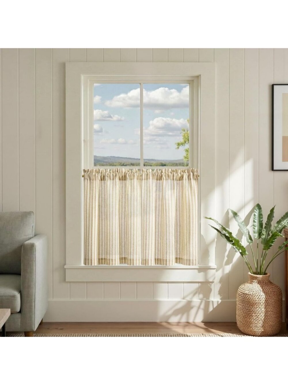 Beige Striped Linen Kitchen Tier Curtains, 24 Inch, 2 Panels, Light Filtering
